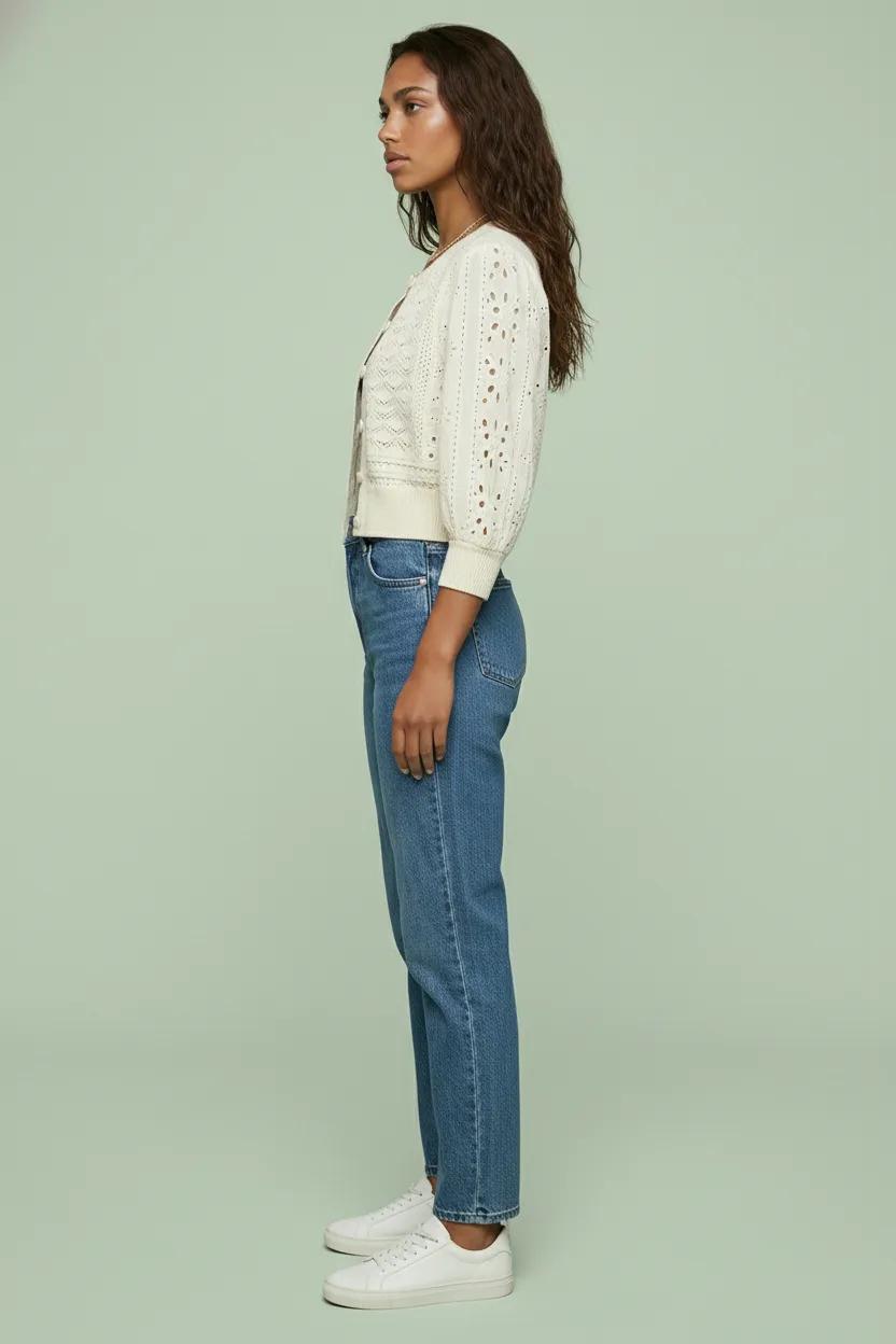 Cropped Eyelet Knit Button Cardigan