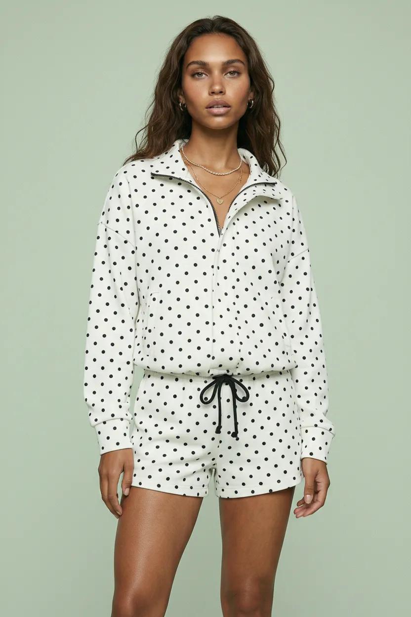 Polka Dot Half Zip Windbreaker Shorts Set