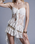 Sheer Floral Lace Camisole Top with Draped Ruffle Hem