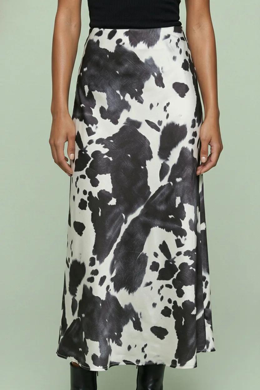 Abstract Cow Print Satin Midi Skirt