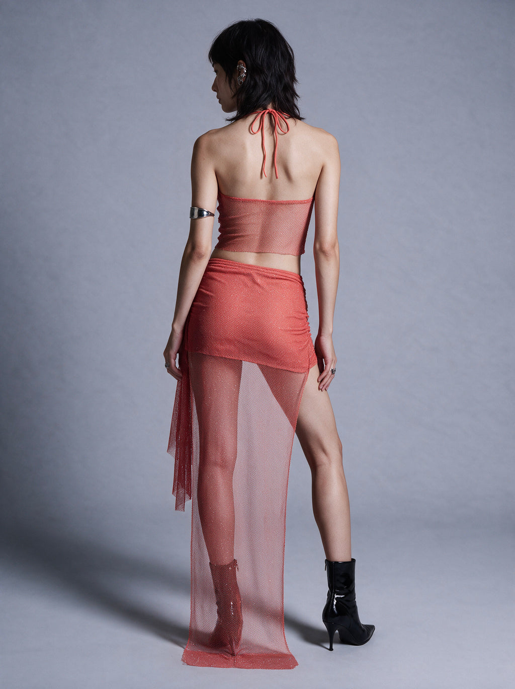 Rhinestone Mesh Hooded Crop Top and Wrap Mini Skirt 3-Piece Set