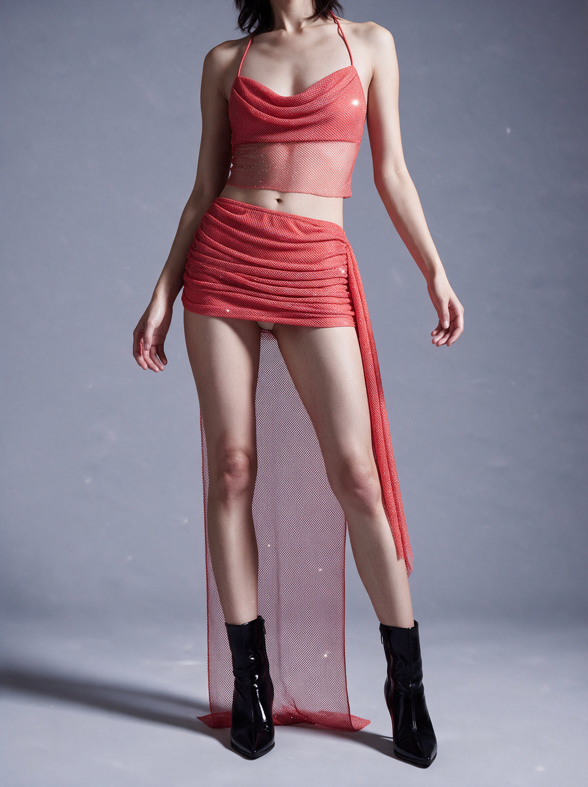 Rhinestone Mesh Hooded Crop Top and Wrap Mini Skirt 3-Piece Set