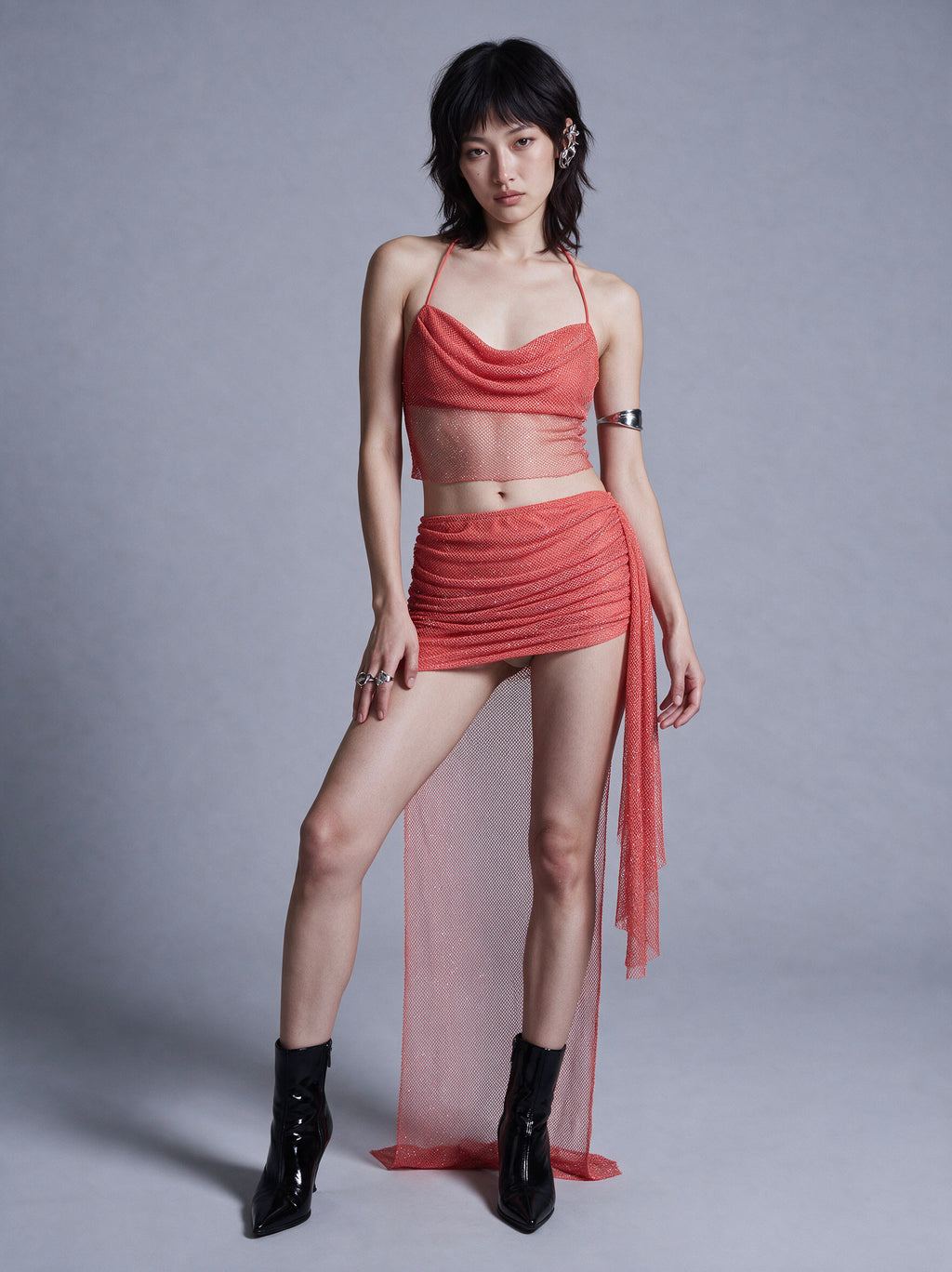 Rhinestone Mesh Hooded Crop Top and Wrap Mini Skirt 3-Piece Set