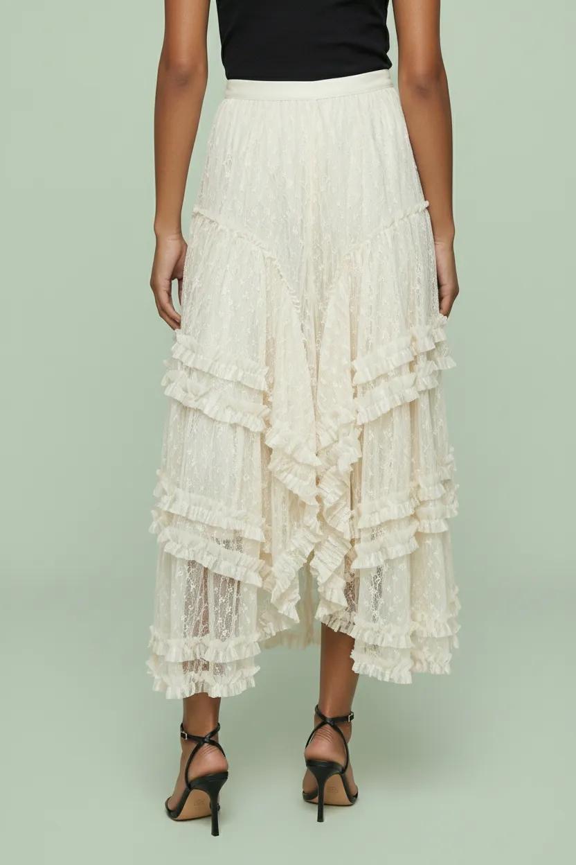 Lace Ruffle Tiered Asymmetrical Midi Skirt