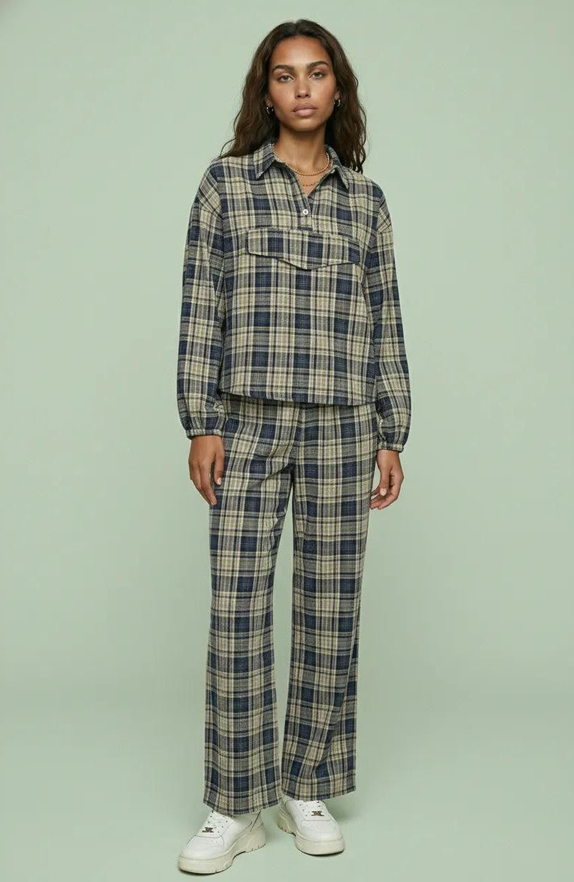 Oversized Plaid Pullover Shirt and Wide Leg Pant Set