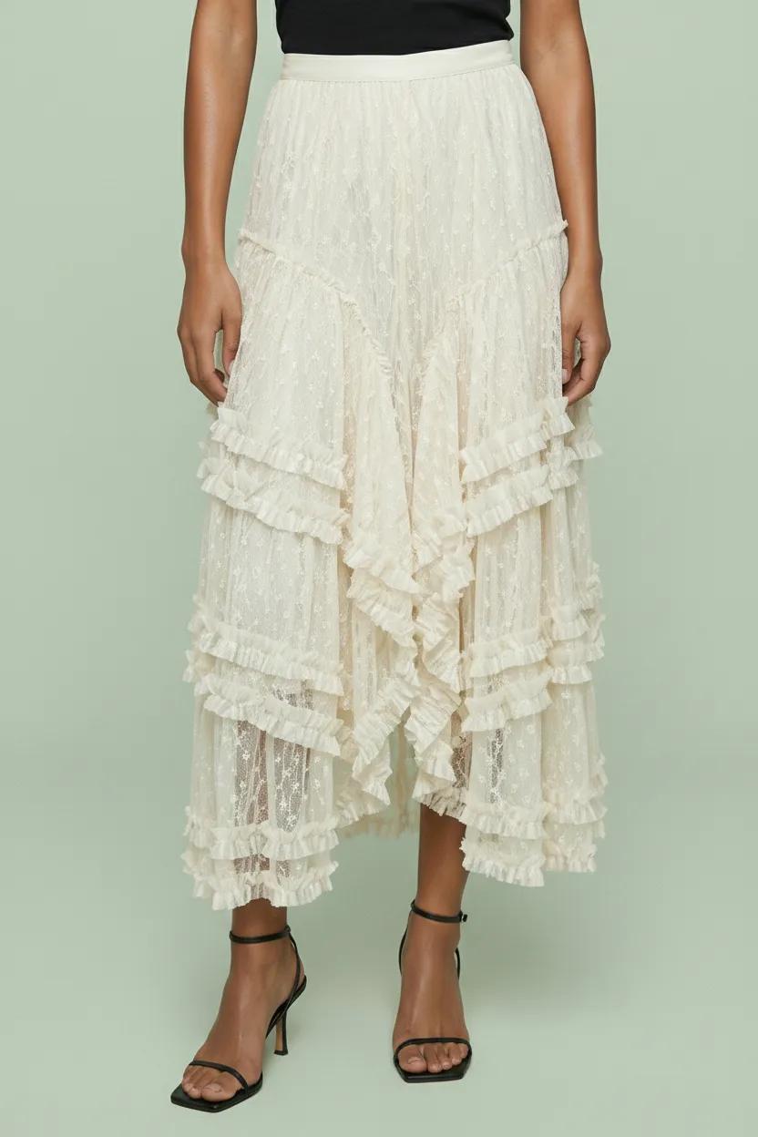 Lace Ruffle Tiered Asymmetrical Midi Skirt
