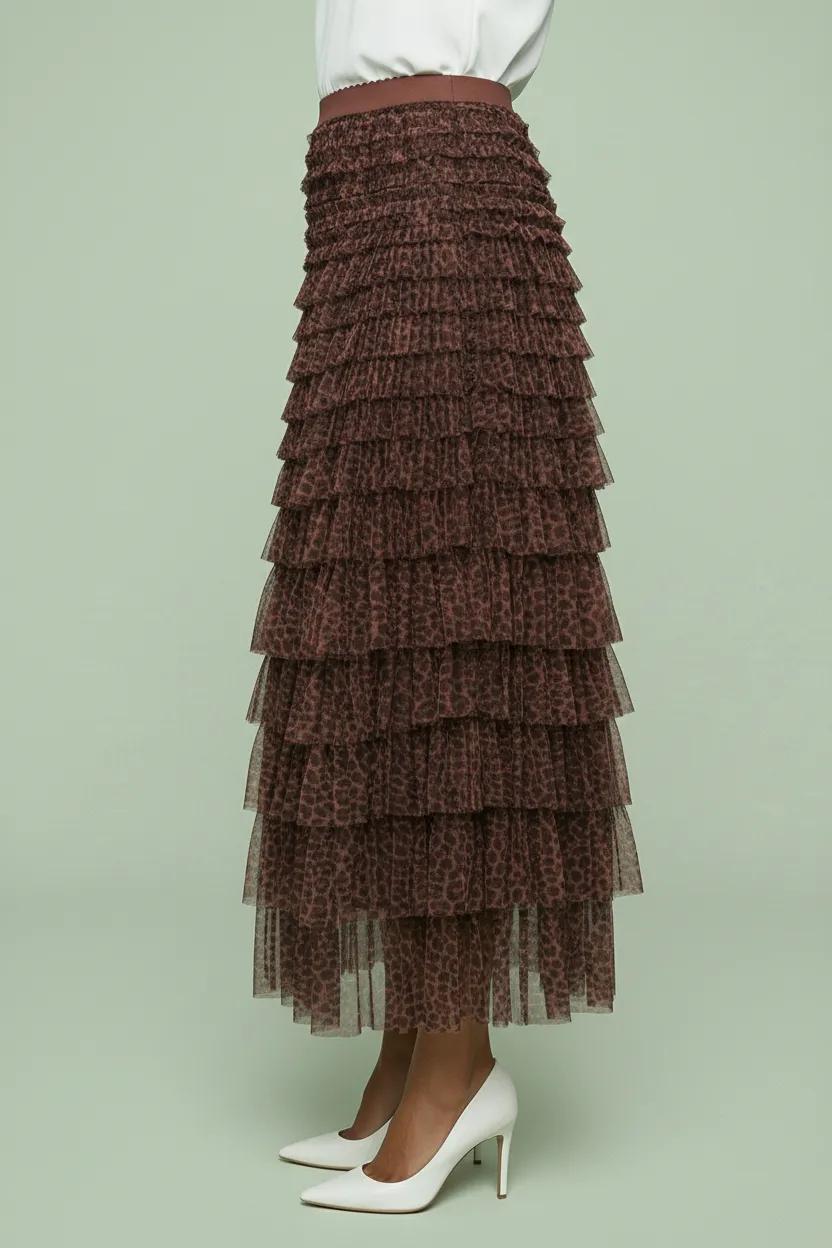 Leopard Tiered Mesh Ruffle Maxi Skirt