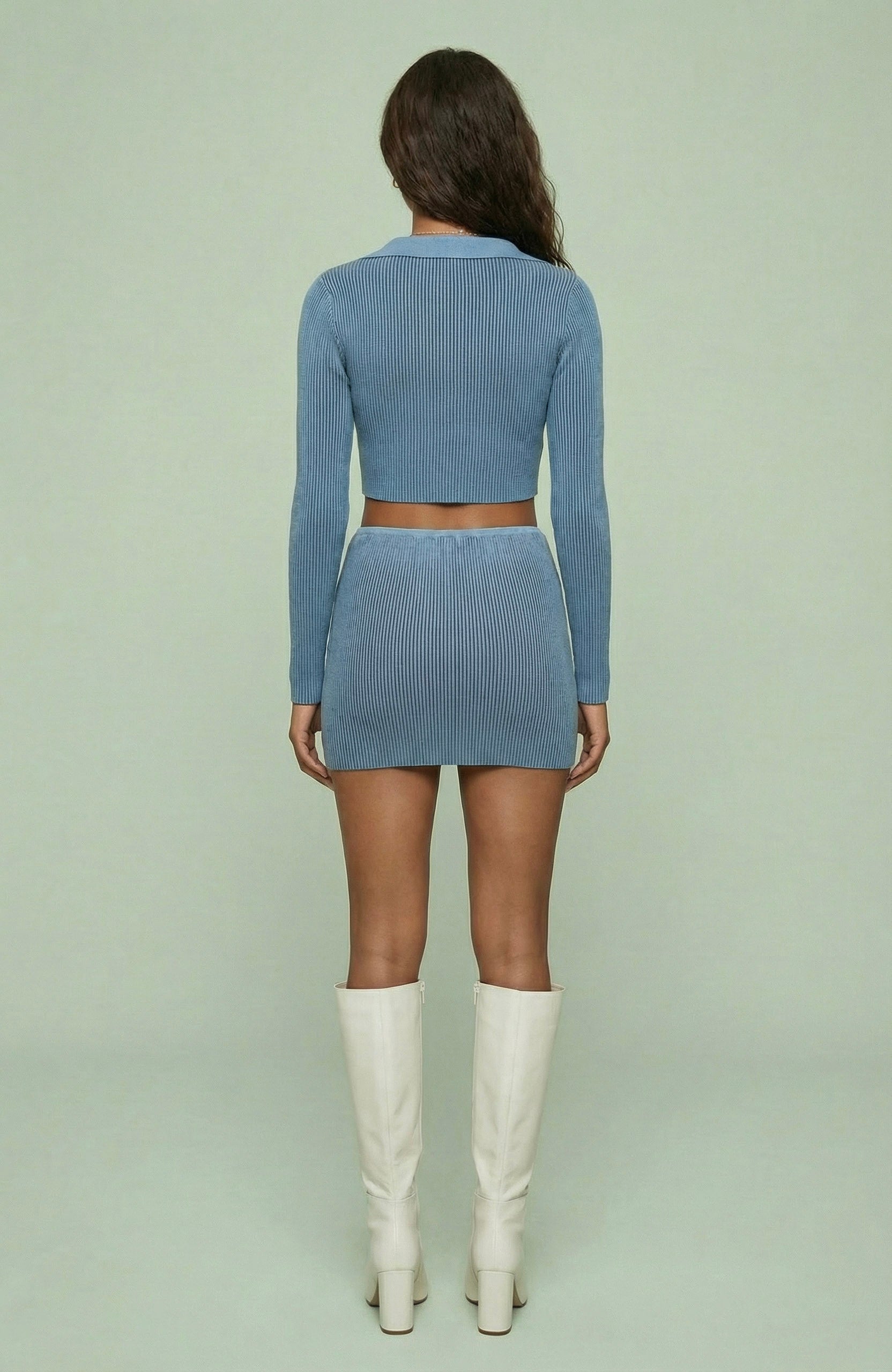 Ribbed Long Sleeve Button-Front Crop Top and Mini Skirt Set