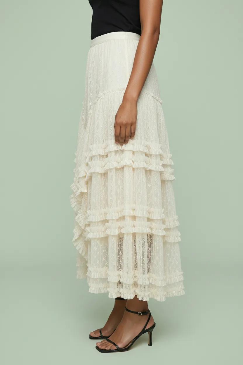 Lace Ruffle Tiered Asymmetrical Midi Skirt