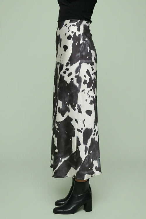 Abstract Cow Print Satin Midi Skirt