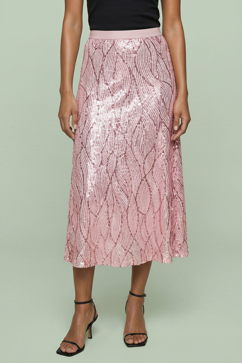 Textured Sequin Wave Midi Skirt