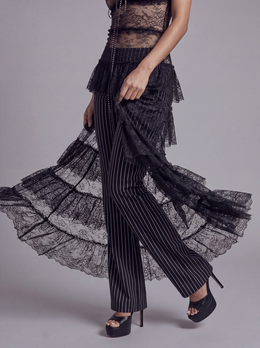 Sheer Lace Camisole Top with Ruffle Hem and Draped Train Detail