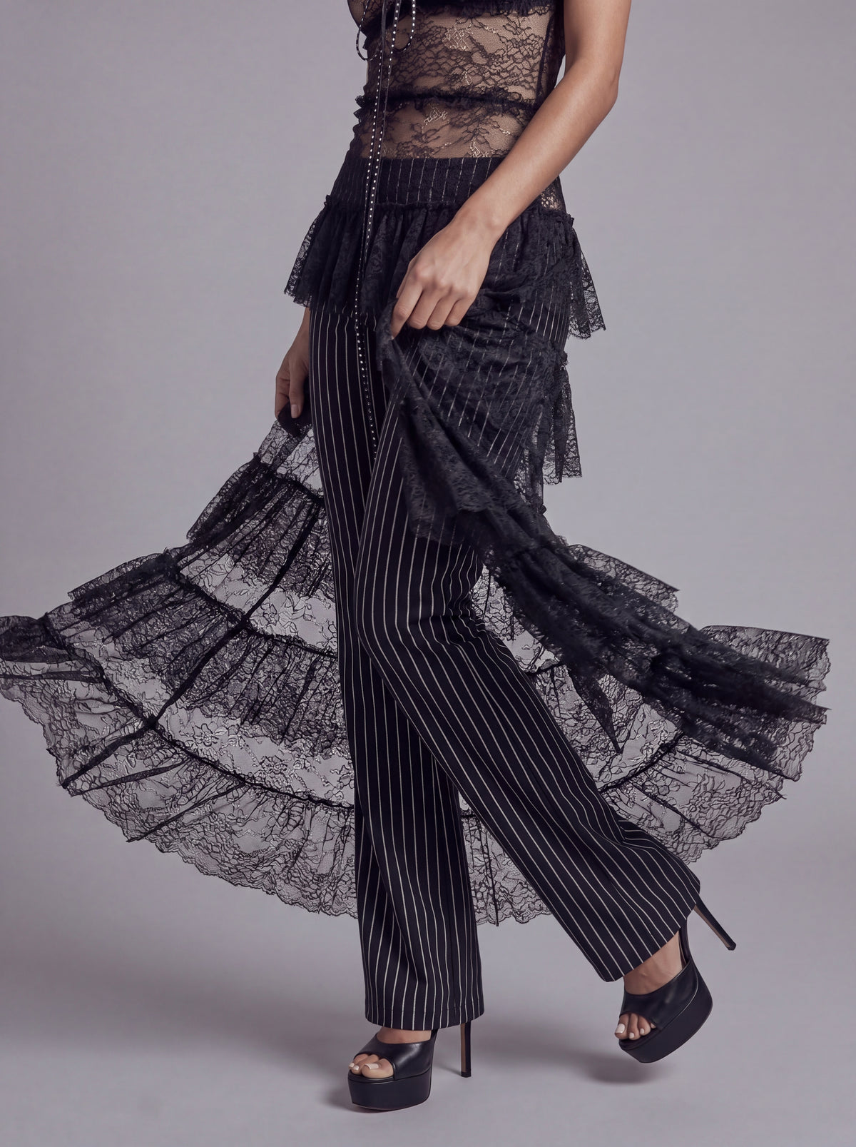 Sheer Lace Camisole Top with Ruffle Hem and Draped Train Detail