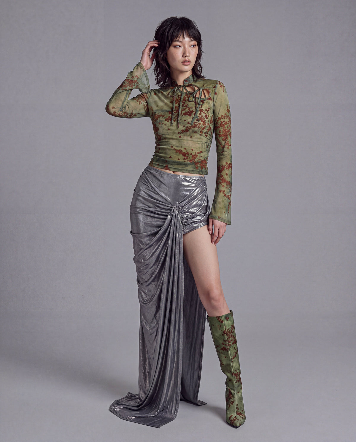 Metallic Draped High Slit Maxi Skirt with Gathered Front Detail