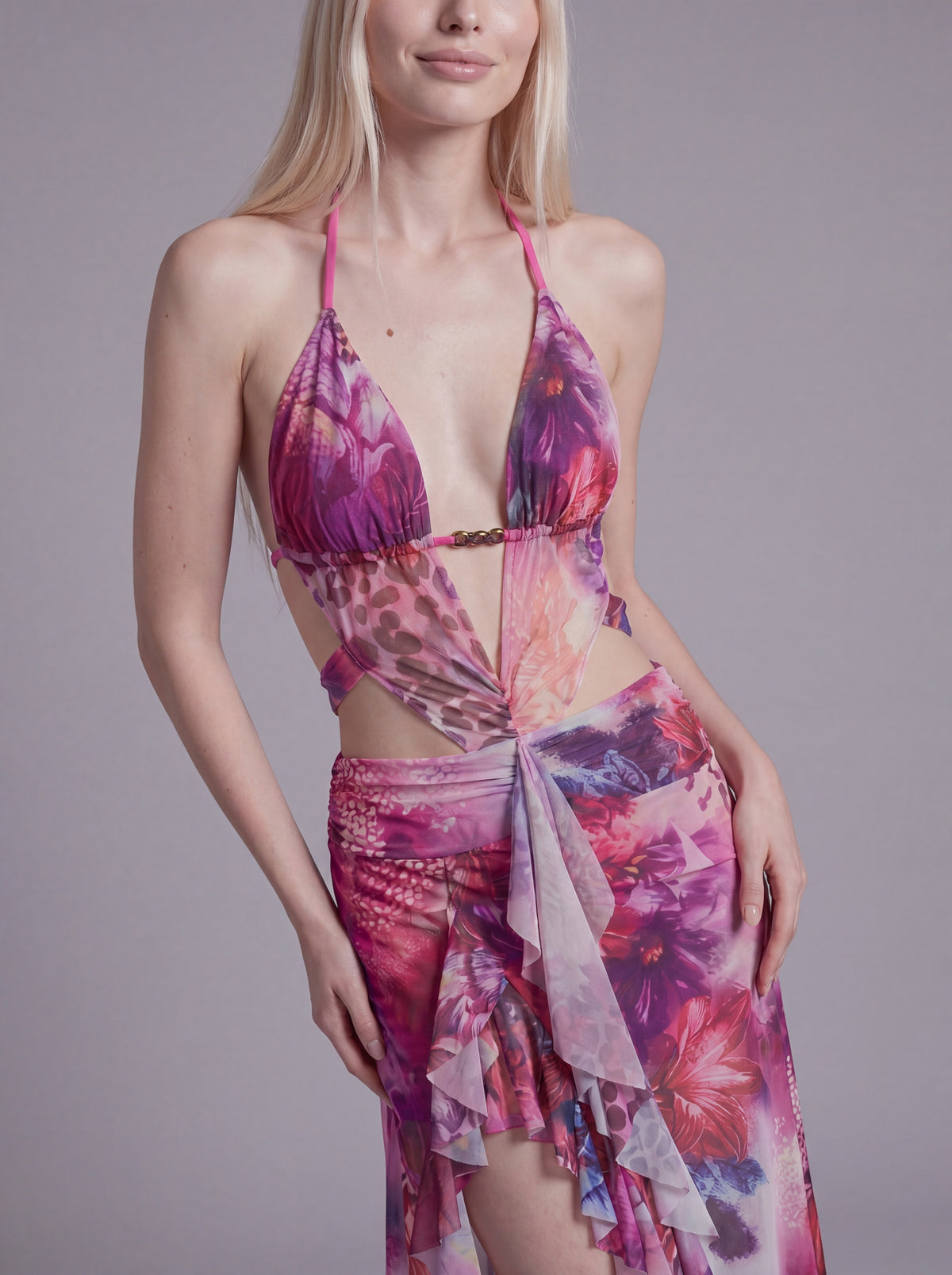 Cutout Halter Maxi Dress with Ruffled High Slit and Sheer Overlay