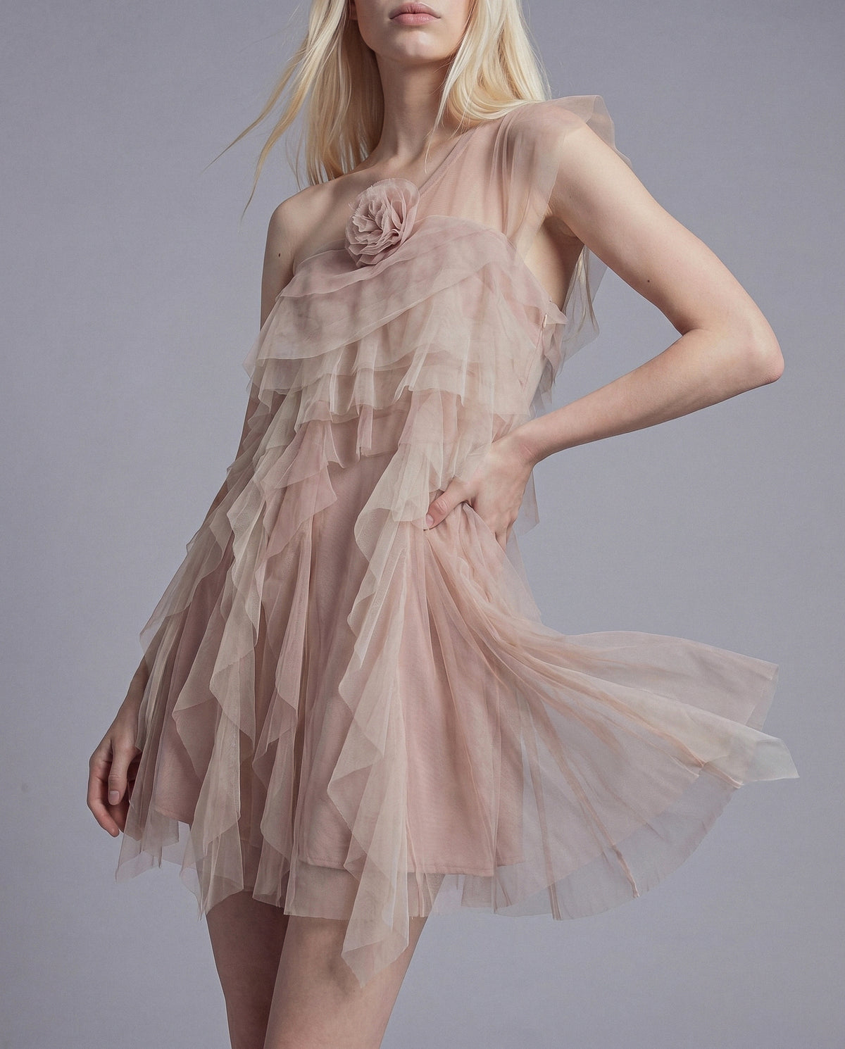 Asymmetrical One-Shoulder Tiered Tulle Mini Dress with Rosette Detail