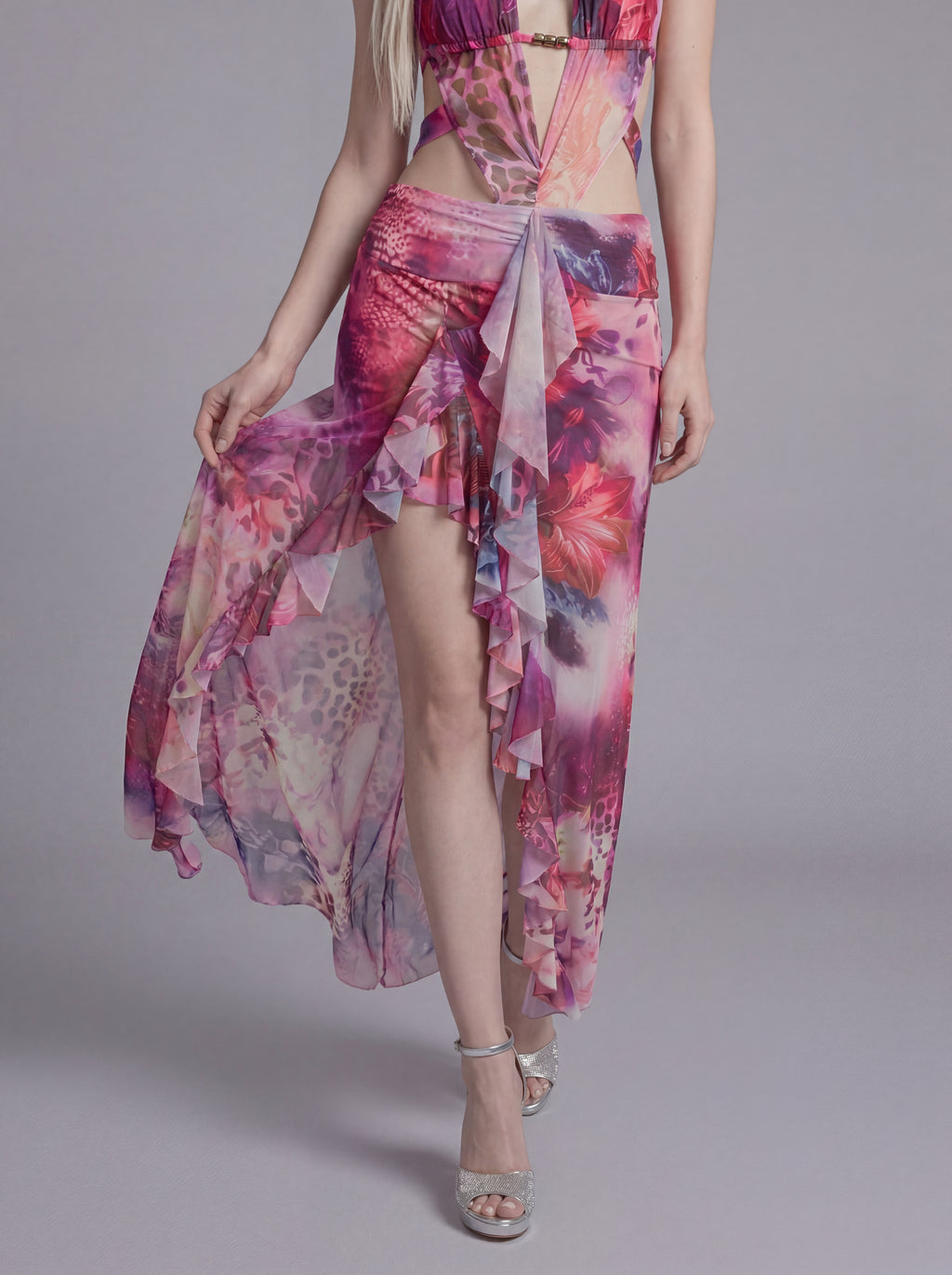 Cutout Halter Maxi Dress with Ruffled High Slit and Sheer Overlay