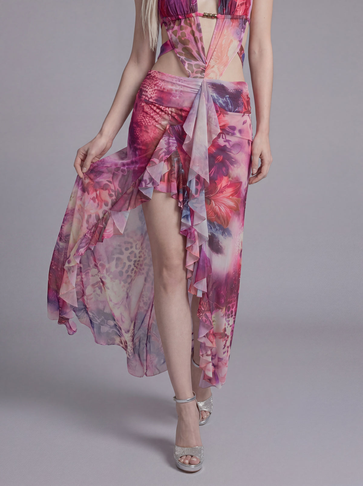 Cutout Halter Maxi Dress with Ruffled High Slit and Sheer Overlay