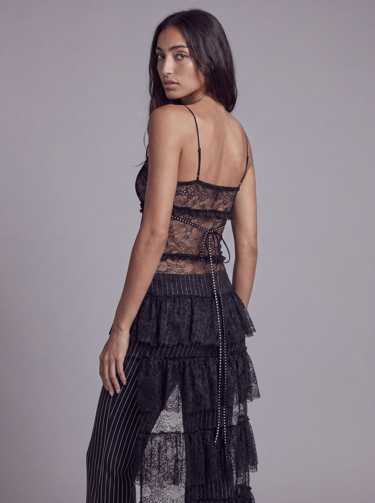 Sheer Lace Camisole Top with Ruffle Hem and Draped Train Detail