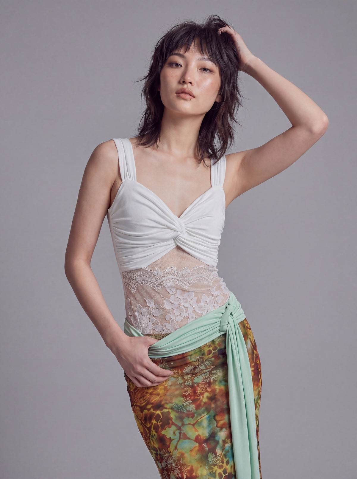 Twist Front Tank Top with Lace Panel Waist and Wide Shoulder Straps