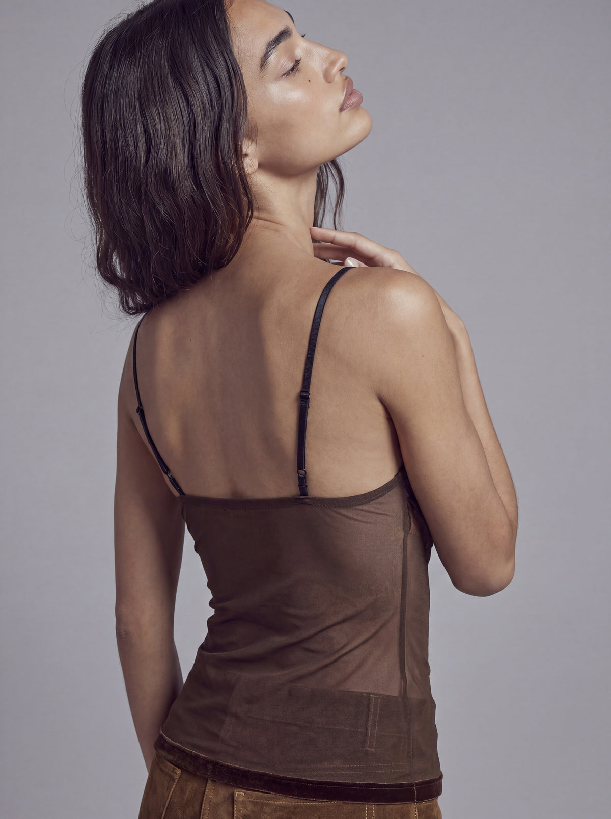 Sheer Layered Cowl Neck Camisole Top with Inner Bralette Detail