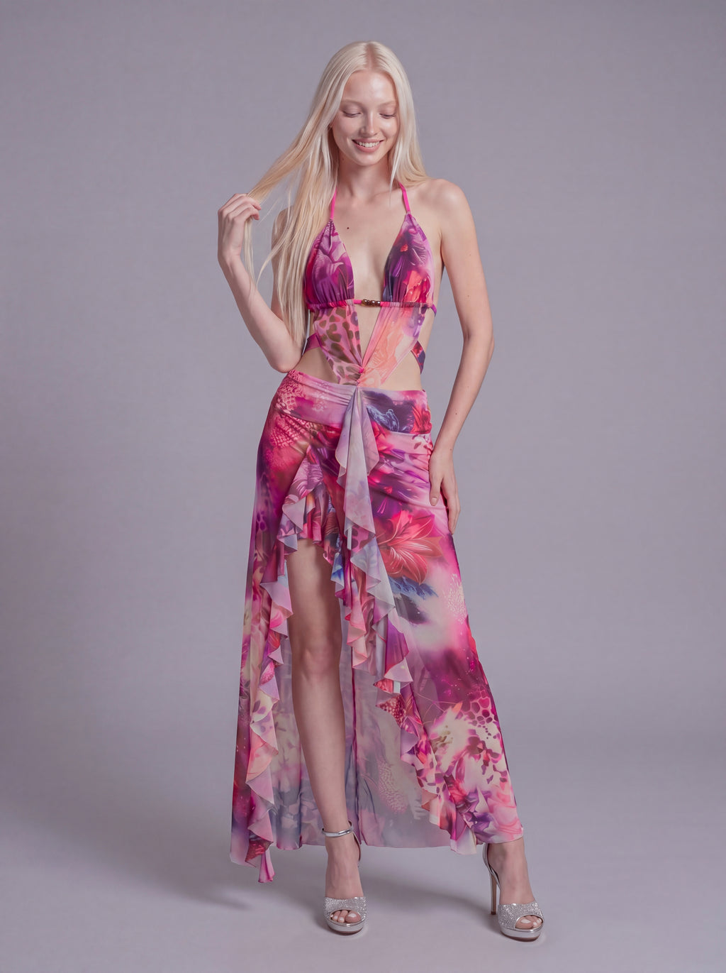 Cutout Halter Maxi Dress with Ruffled High Slit and Sheer Overlay
