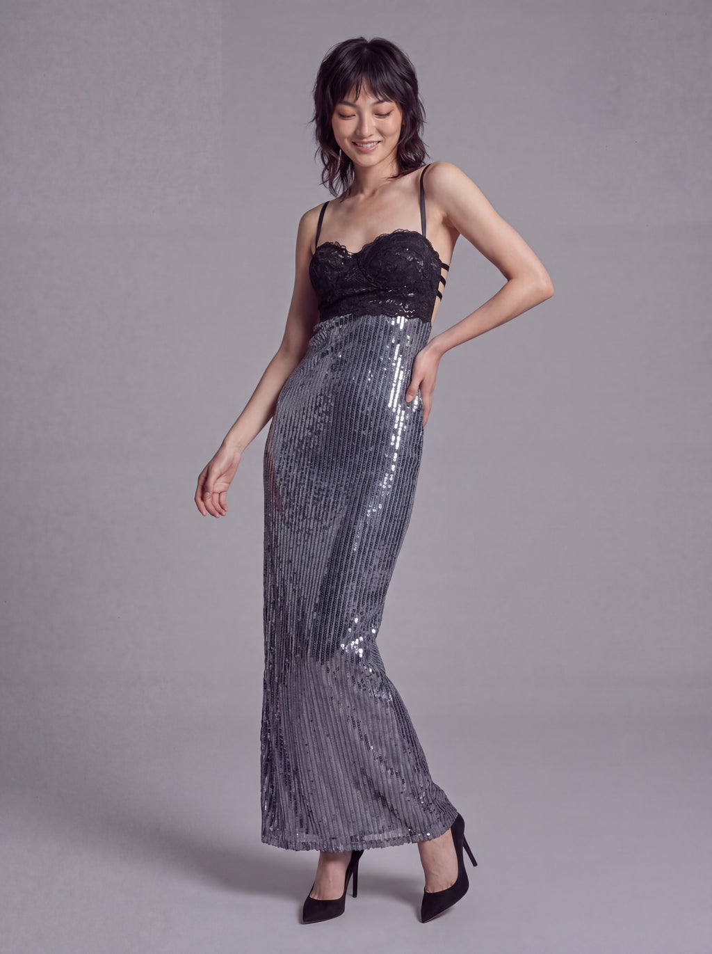 Sequin Maxi Dress with Lace Bustier Top and Strappy Open Back Detail