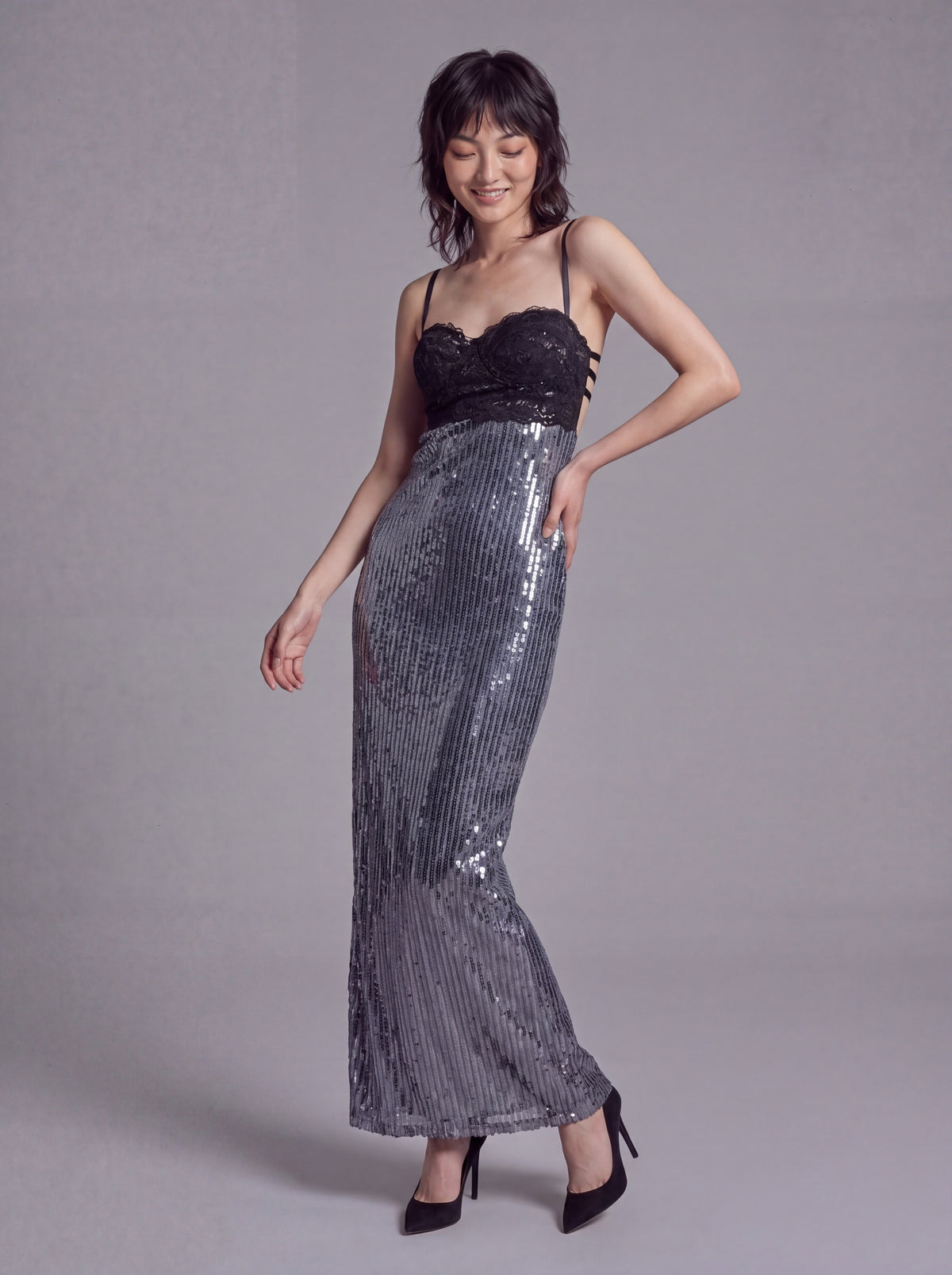 Sequin Maxi Dress with Lace Bustier Top and Strappy Open Back Detail