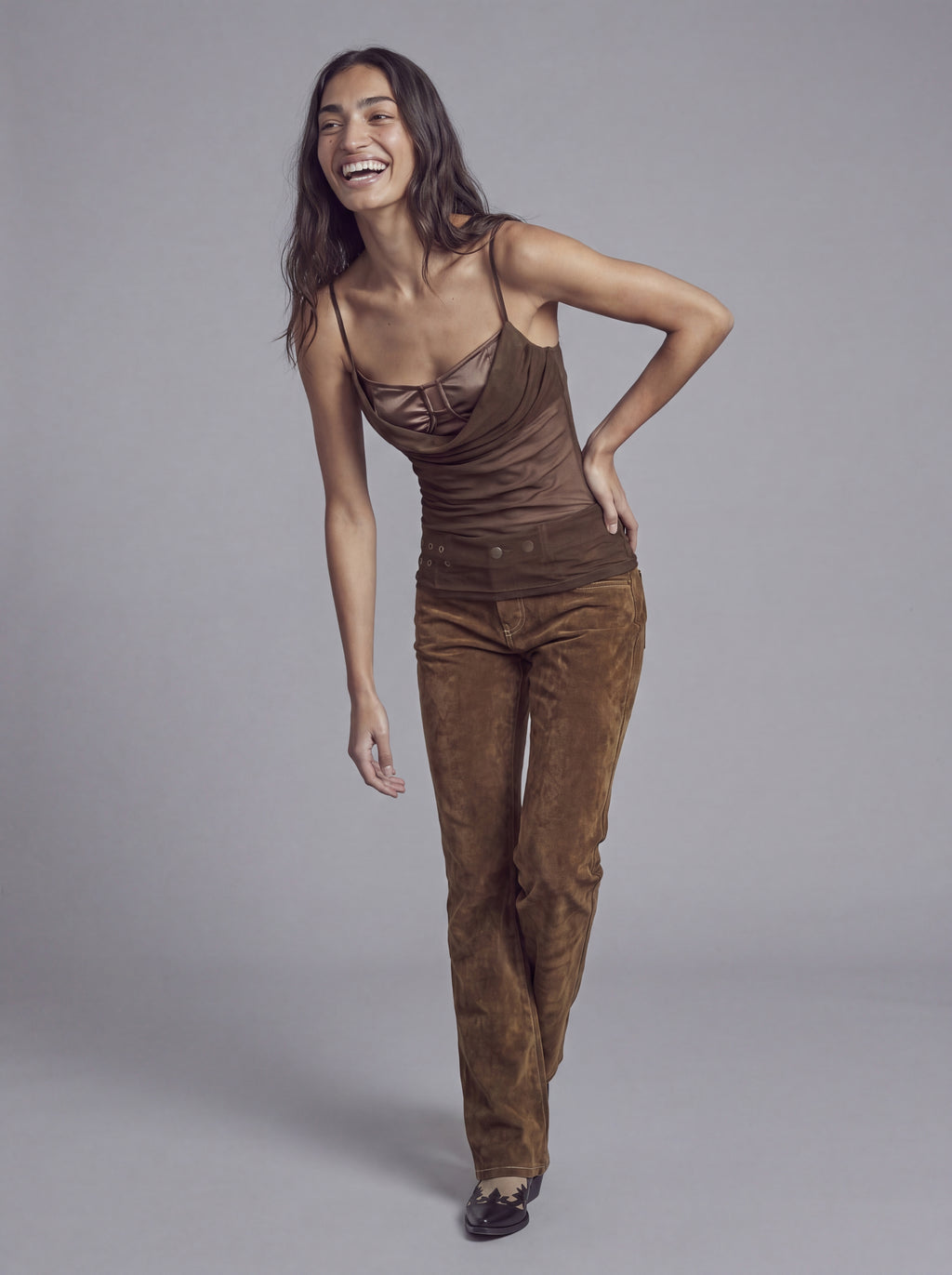 Sheer Layered Cowl Neck Camisole Top with Inner Bralette Detail