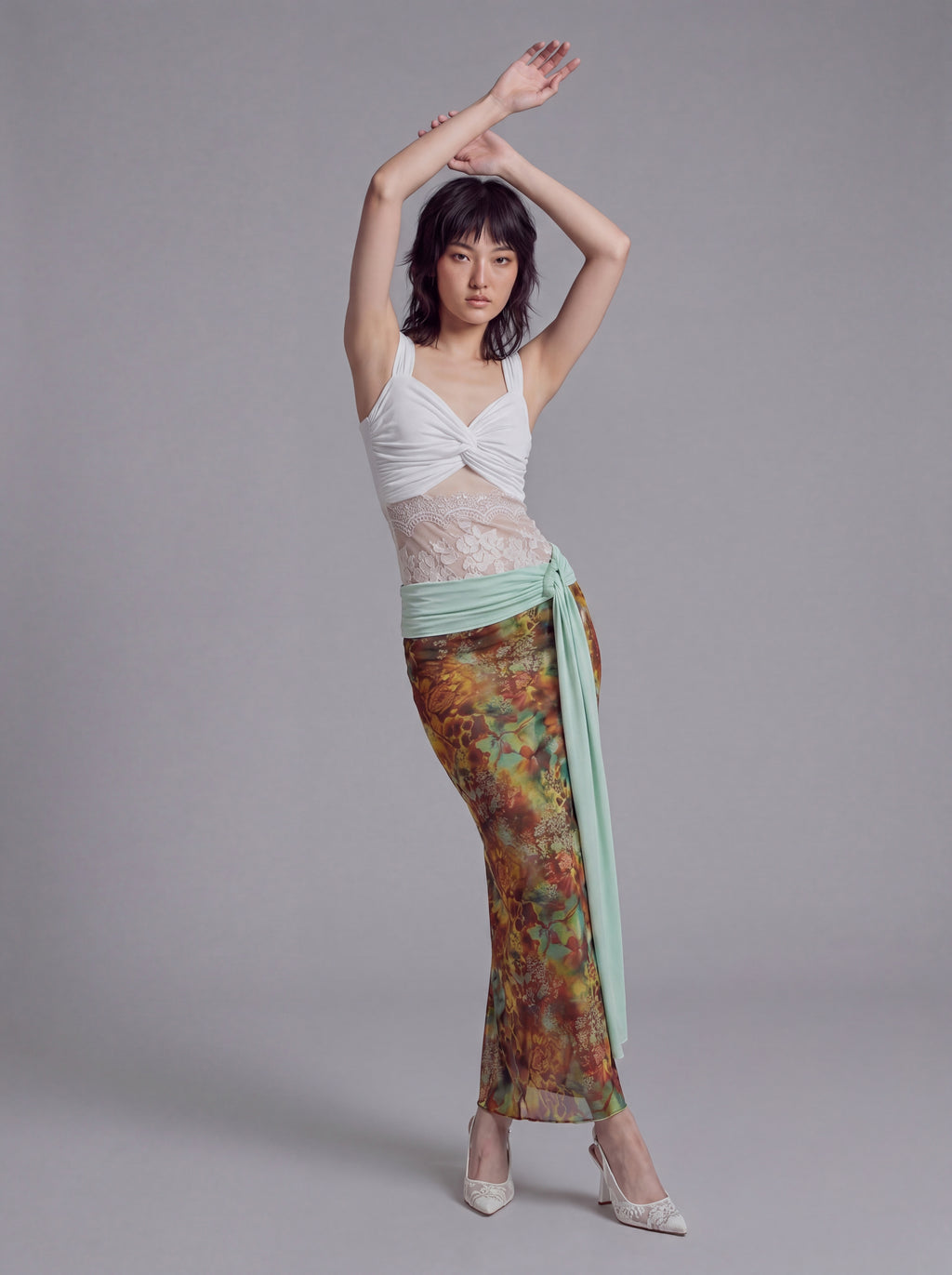 Twist Front Tank Top with Lace Panel Waist and Wide Shoulder Straps