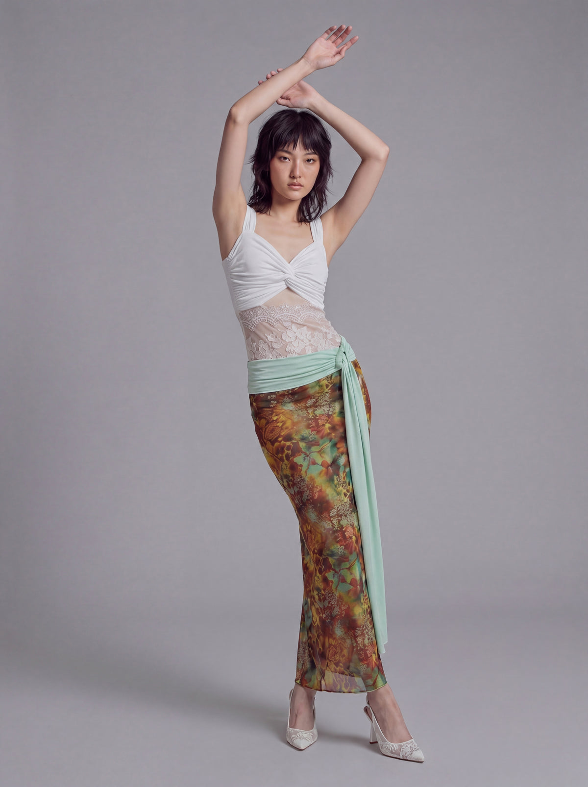 Twist Front Tank Top with Lace Panel Waist and Wide Shoulder Straps