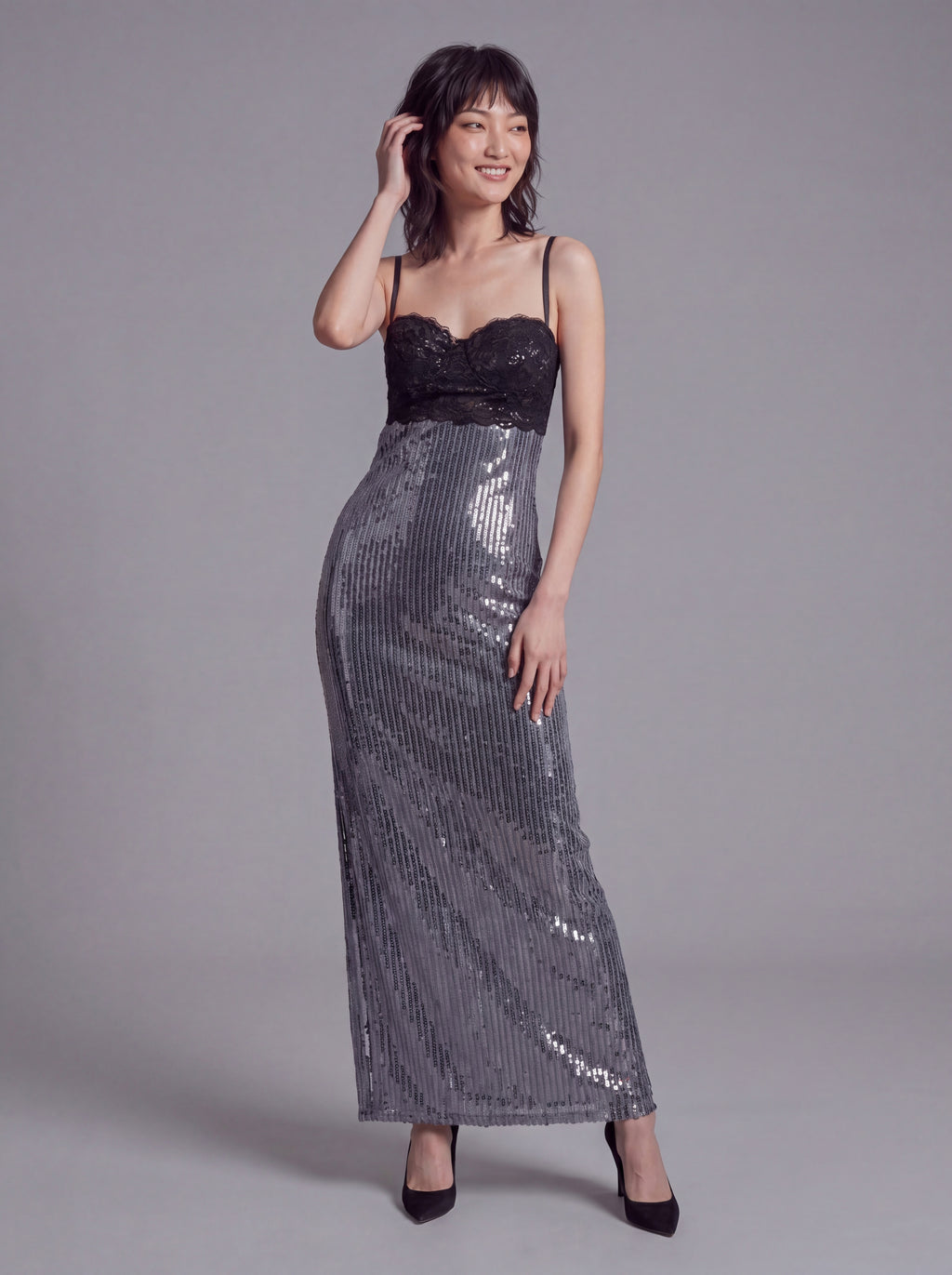 Sequin Maxi Dress with Lace Bustier Top and Strappy Open Back Detail