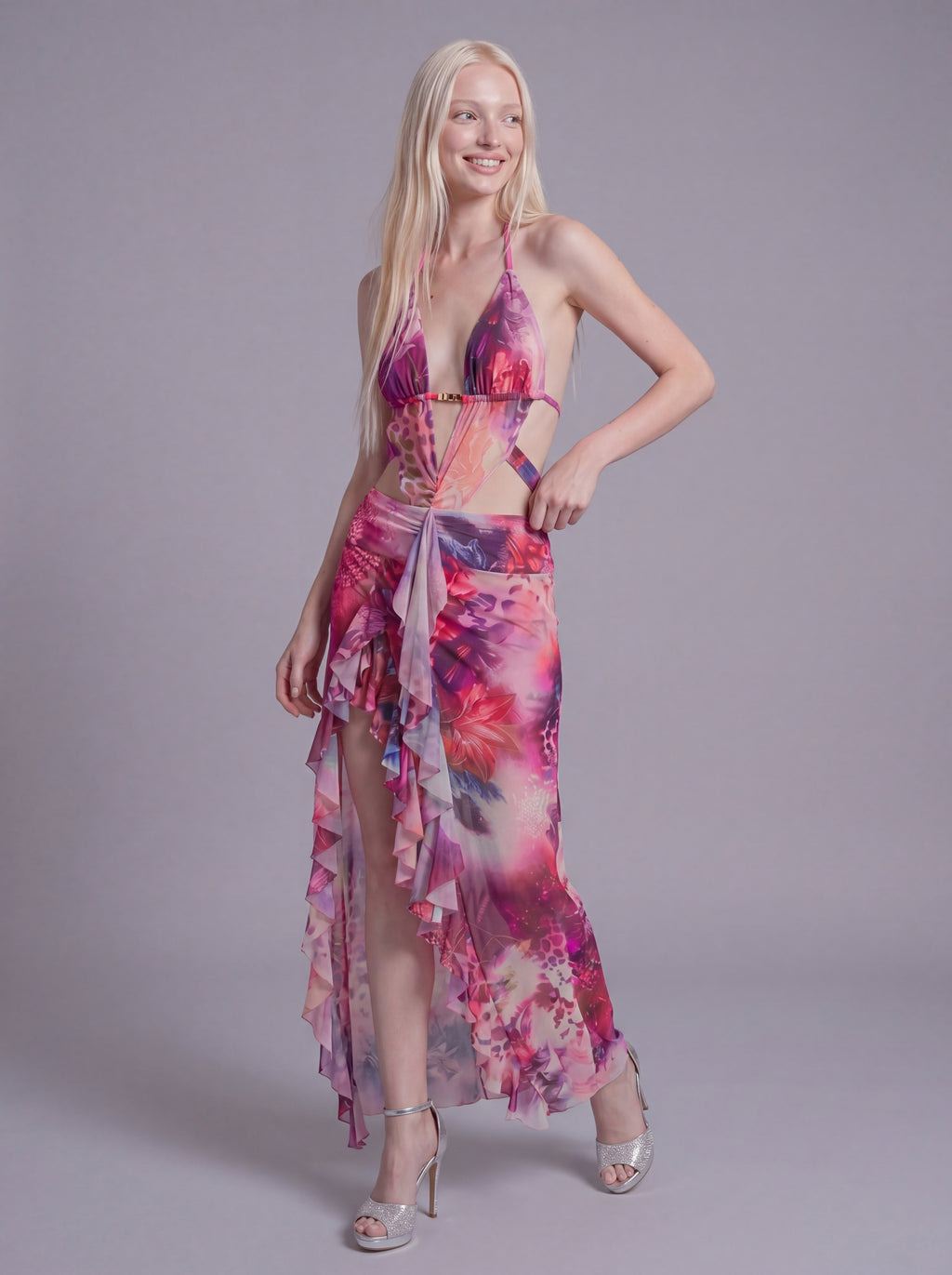 Cutout Halter Maxi Dress with Ruffled High Slit and Sheer Overlay