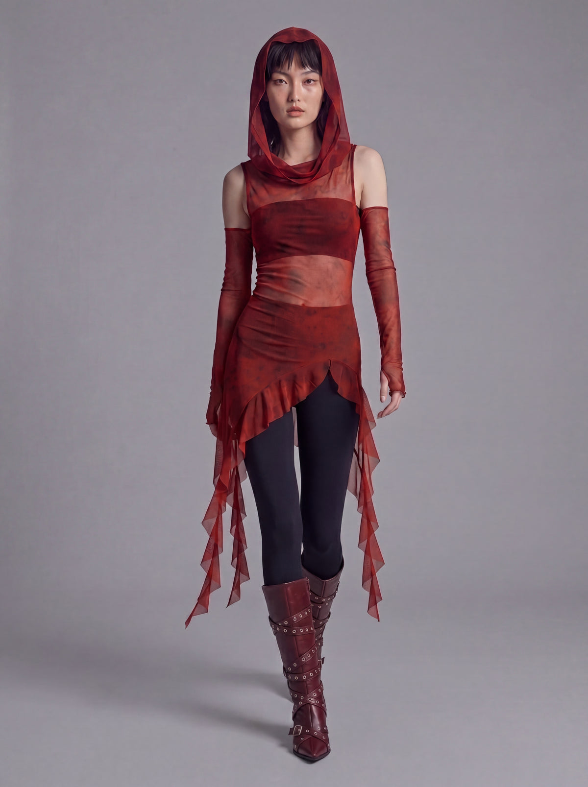 Sheer Mesh Hooded Top with Asymmetric Hem and Matching Arm Sleeves