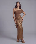 One Shoulder Ruched Maxi Dress with Metallic Wrap Skirt Detail