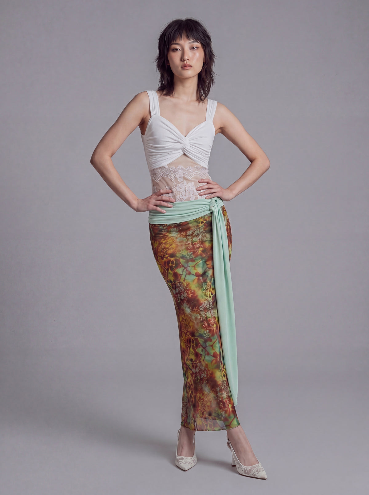 Twist Front Tank Top with Lace Panel Waist and Wide Shoulder Straps