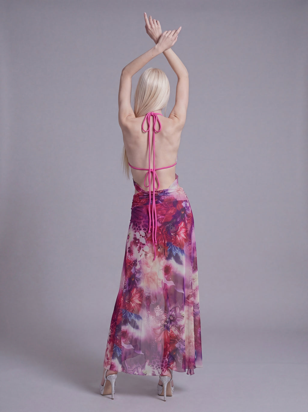Cutout Halter Maxi Dress with Ruffled High Slit and Sheer Overlay