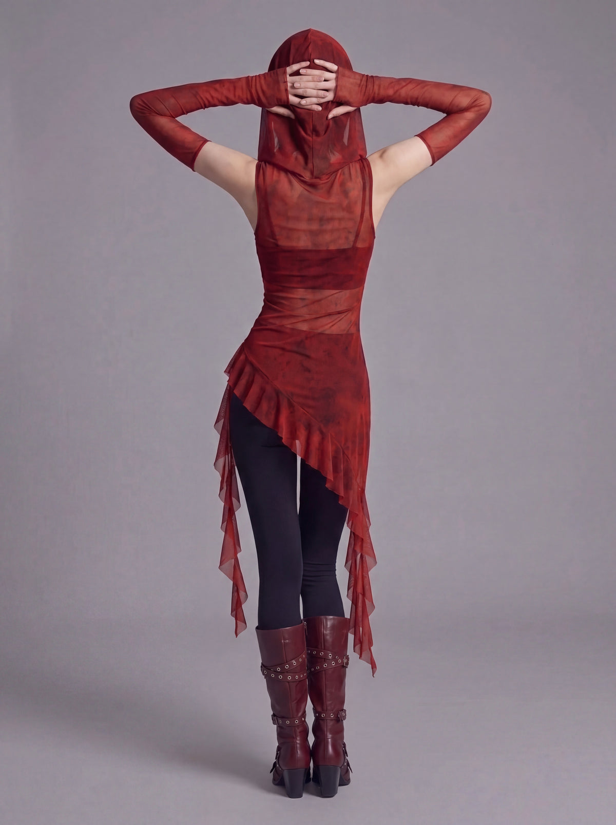 Sheer Mesh Hooded Top with Asymmetric Hem and Matching Arm Sleeves