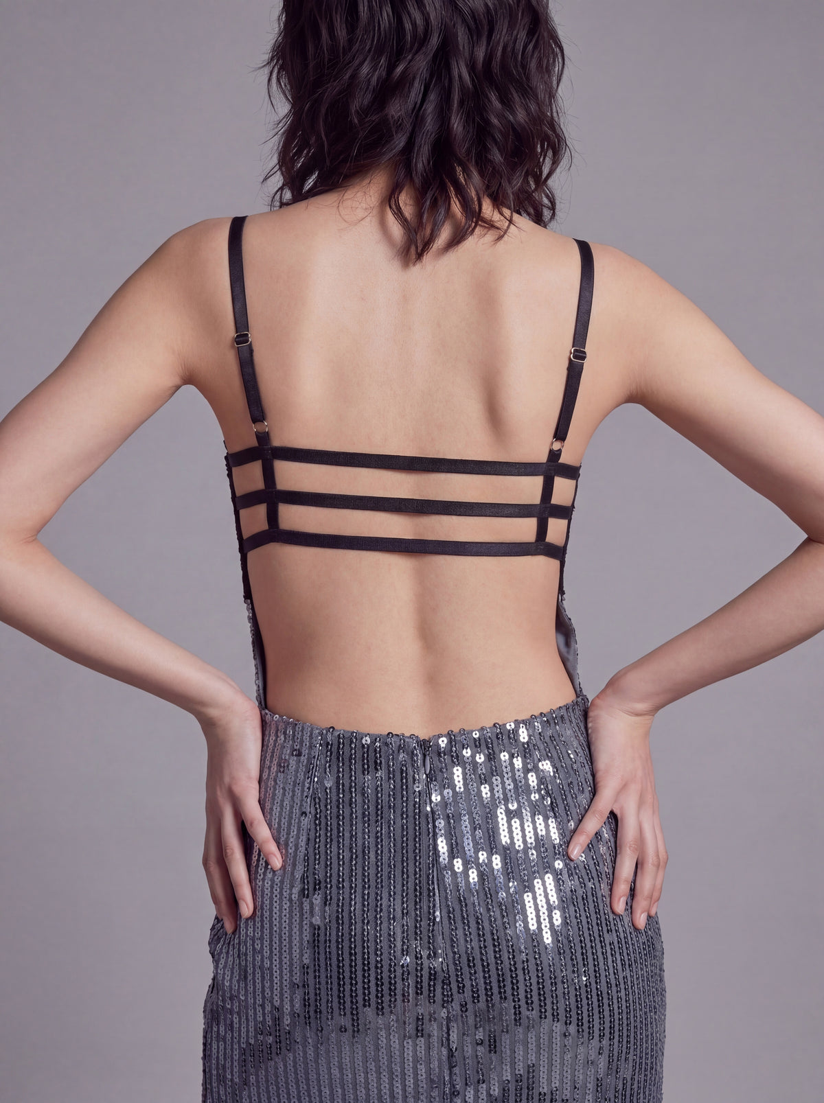 Sequin Maxi Dress with Lace Bustier Top and Strappy Open Back Detail