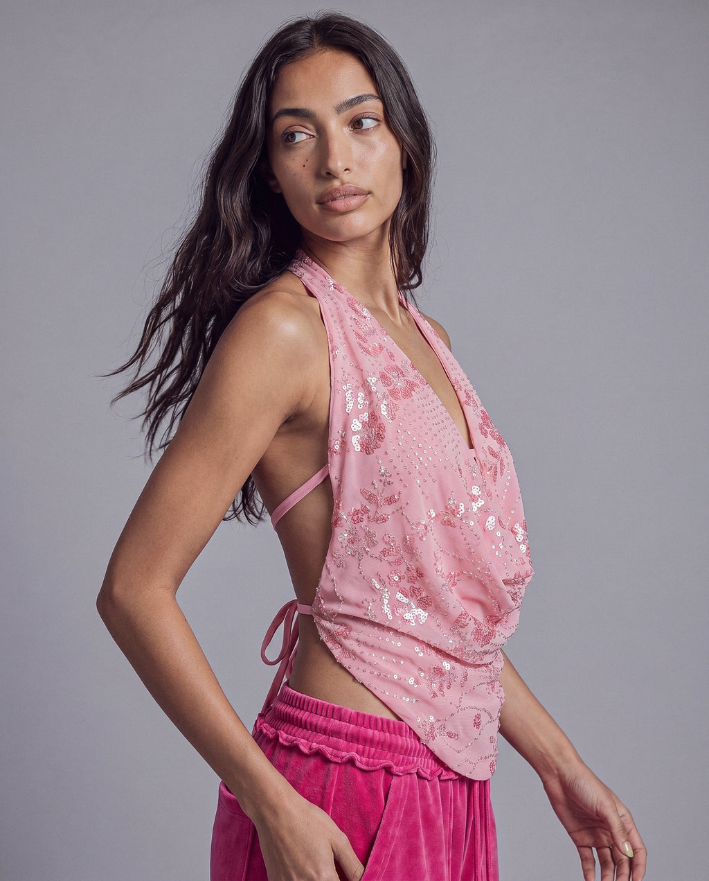 Sequined Halter Top with Draped Cowl Neck and Ruched Waist