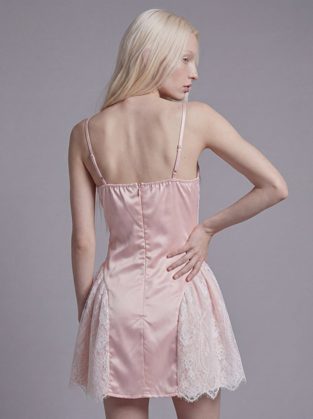 Lace Panel Mini Dress with Satin Bodice and Flared Sheer Skirt