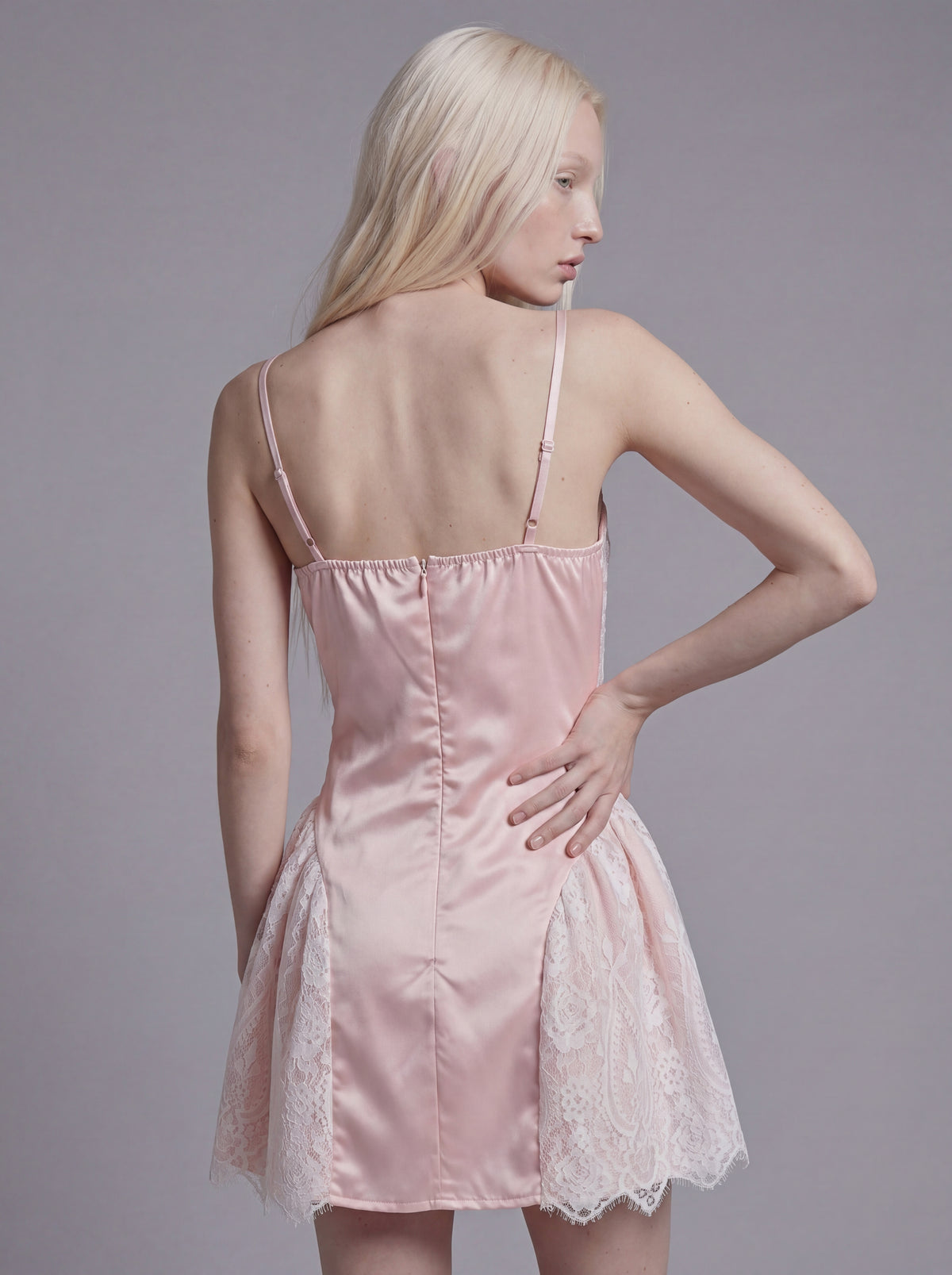 Lace Panel Mini Dress with Satin Bodice and Flared Sheer Skirt