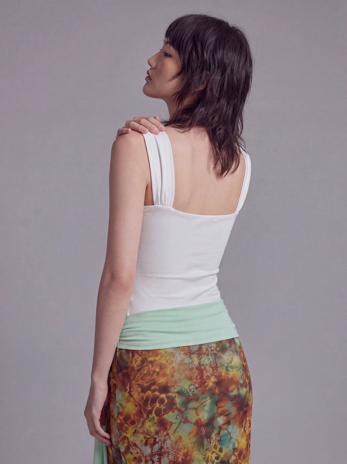 Twist Front Tank Top with Lace Panel Waist and Wide Shoulder Straps