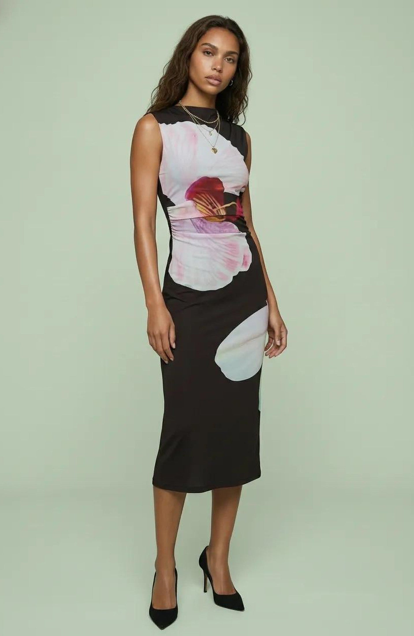 Abstract Floral Sleeveless Midi Dress with Asymmetric Silhouette