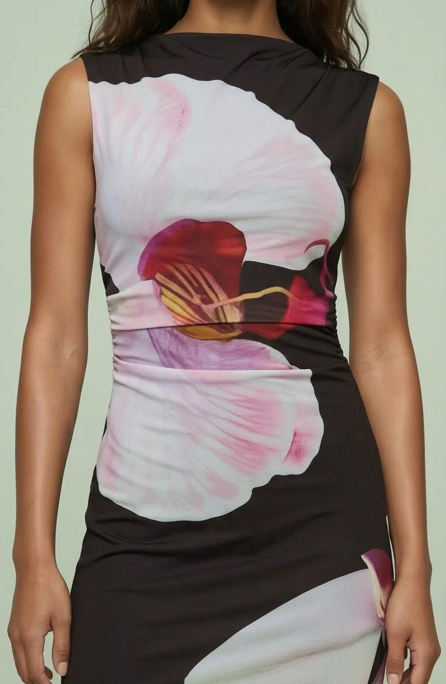 Abstract Floral Sleeveless Midi Dress with Asymmetric Silhouette