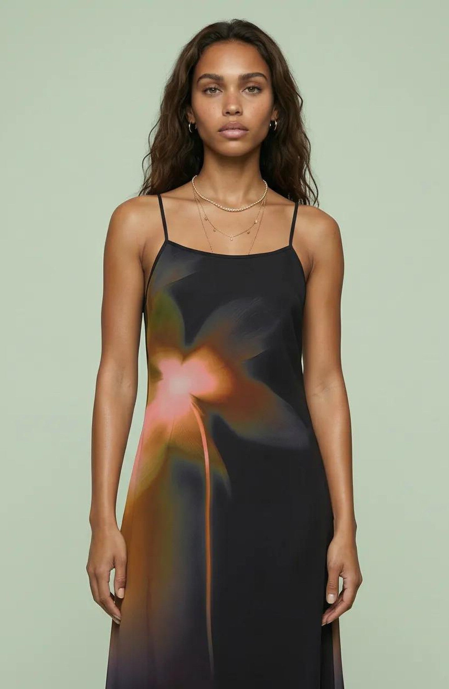 Abstract Floral Slip Midi Dress with Sheer Overlay