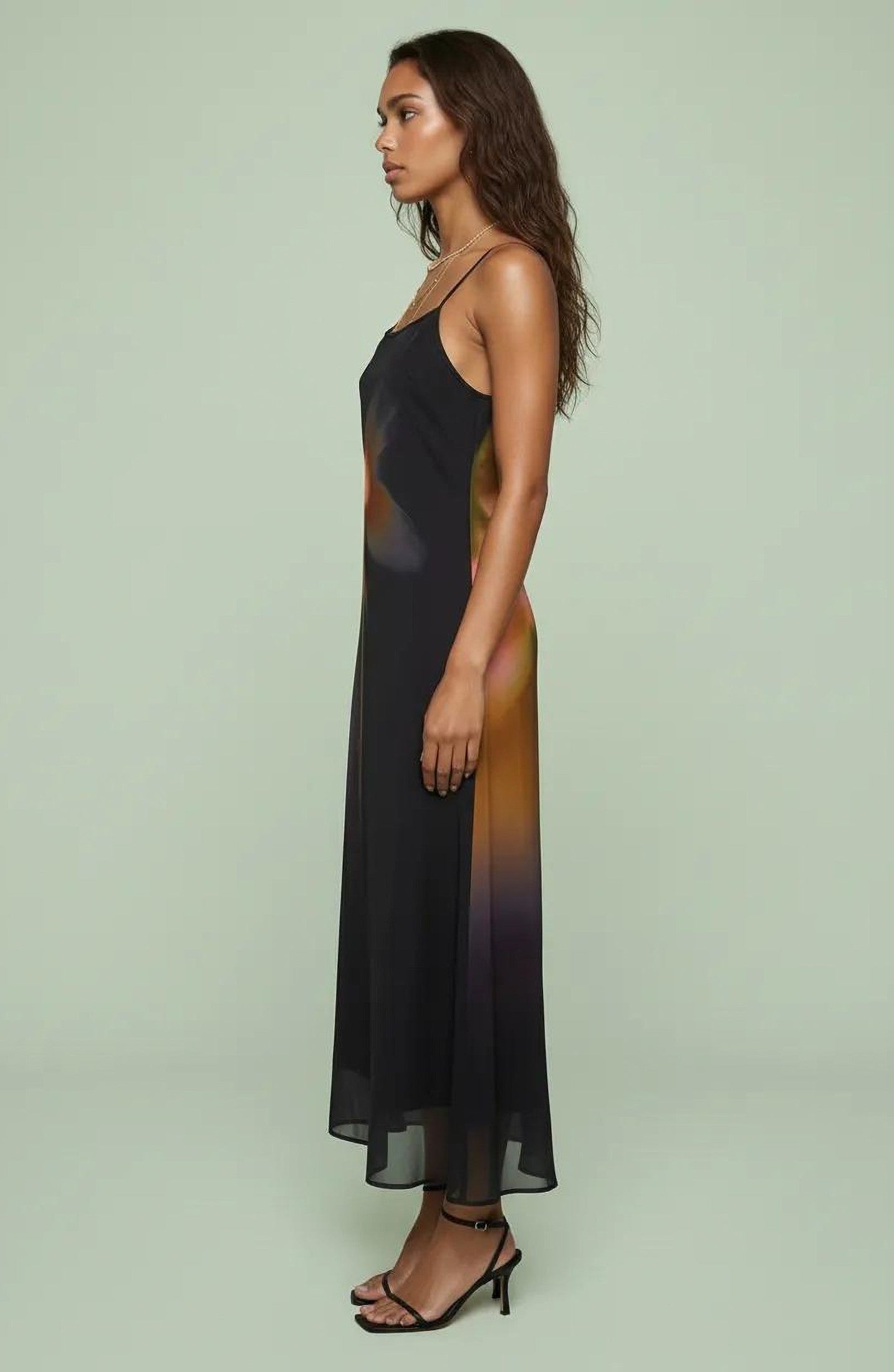 Abstract Floral Slip Midi Dress with Sheer Overlay
