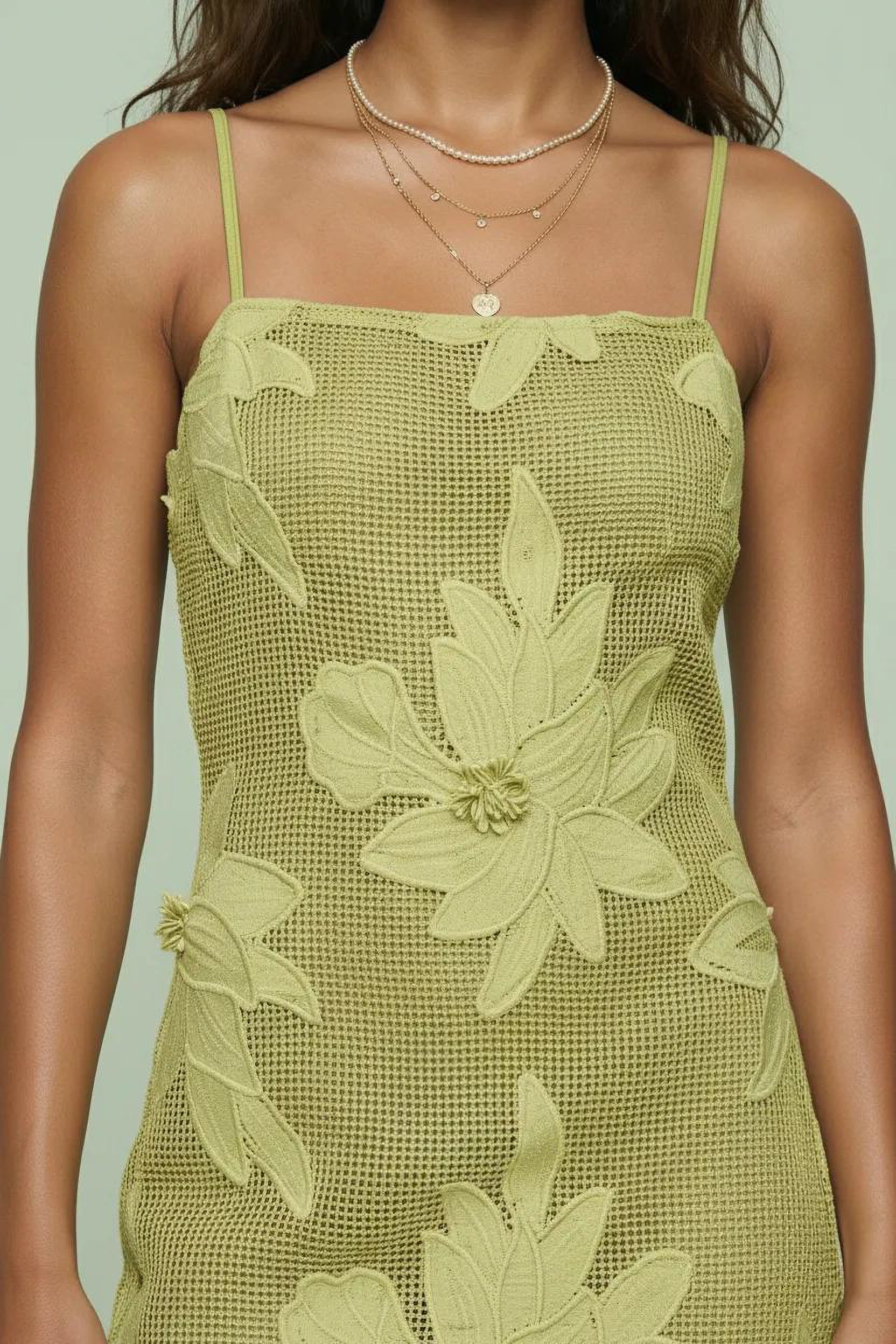 Floral Appliqué Mesh Mini Dress with Spaghetti Straps