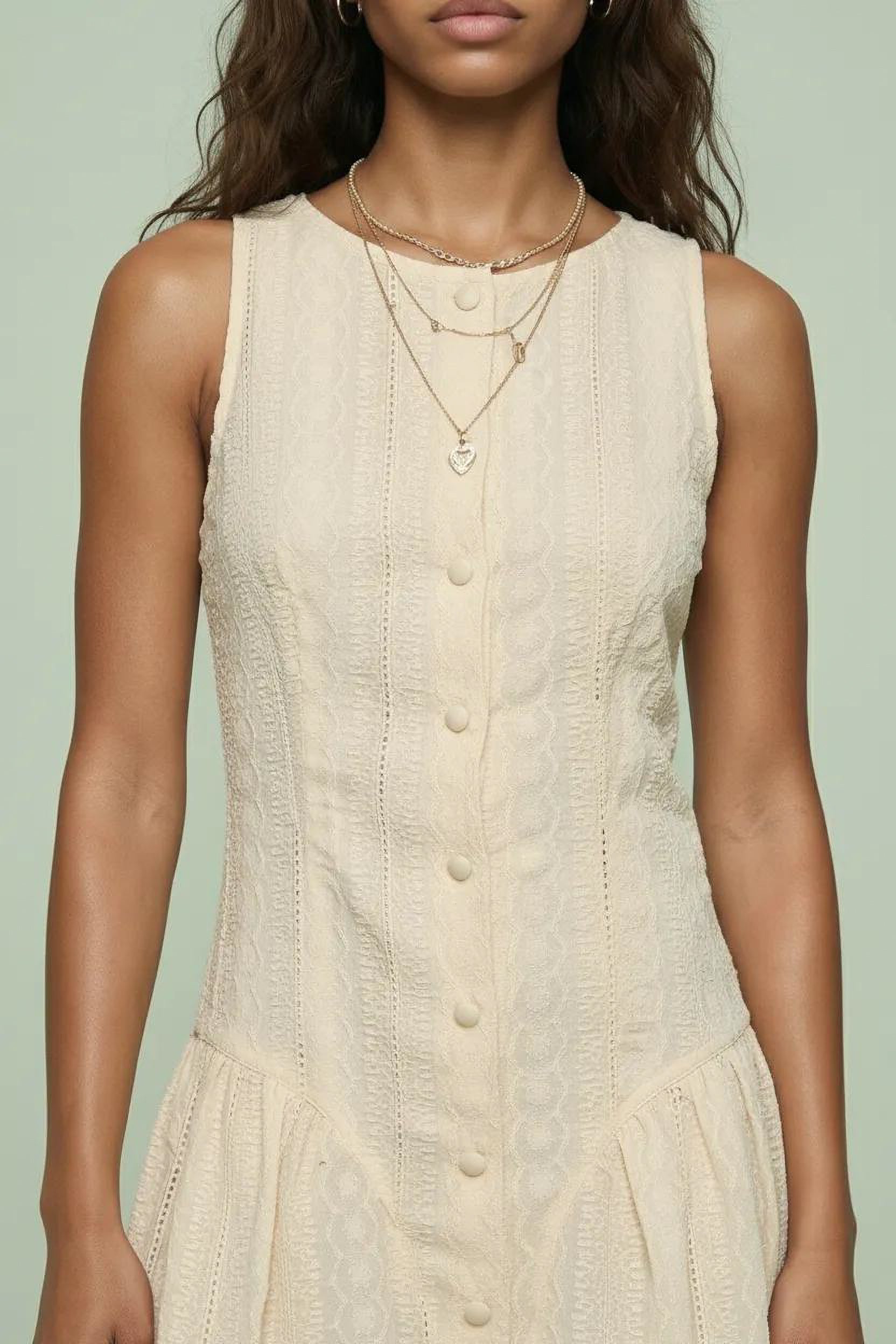 Sleeveless Lace Drop-Waist Mini Dress with Button Front