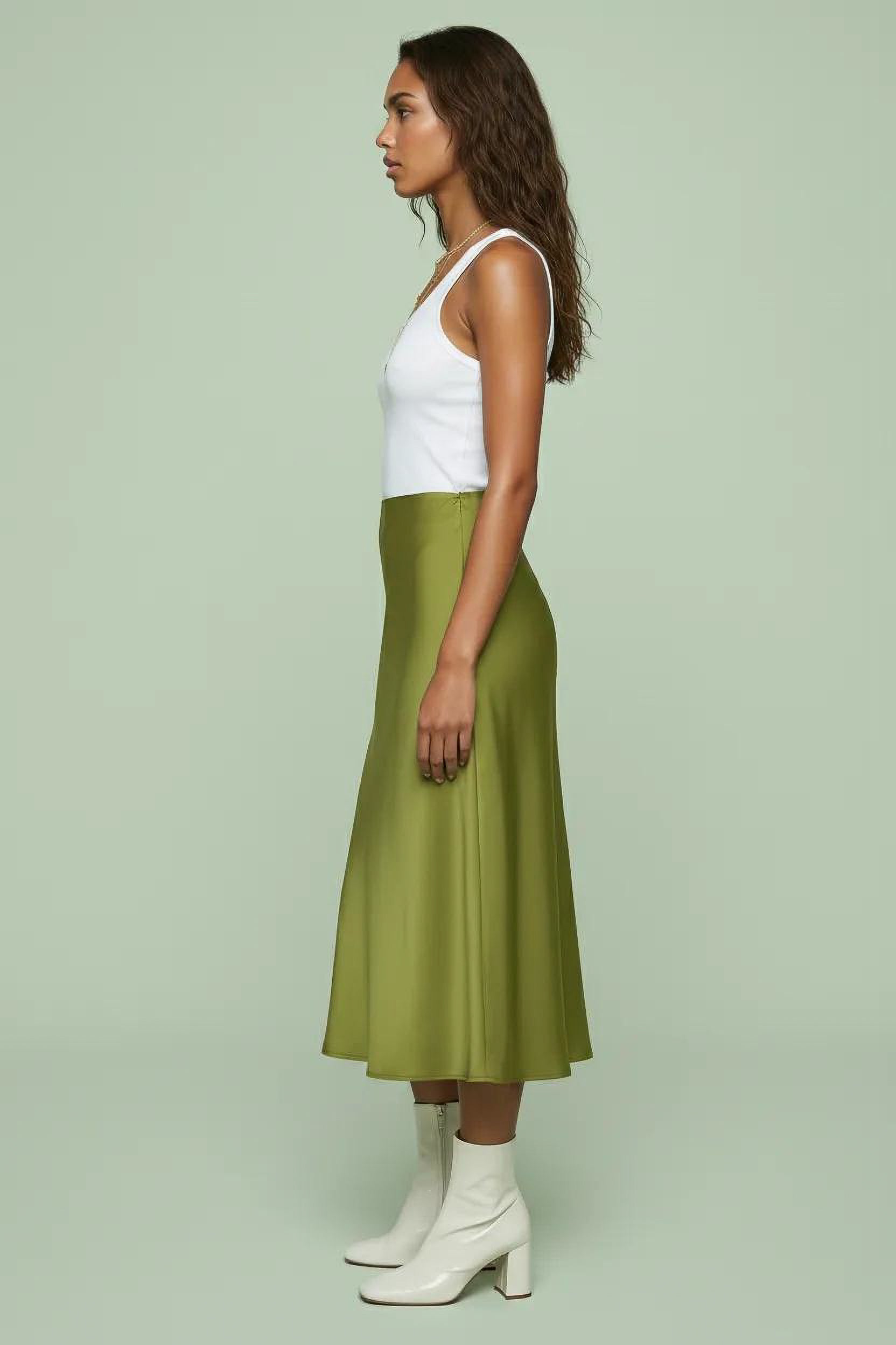 Satin Midi Slip Skirt with Fluid Drape